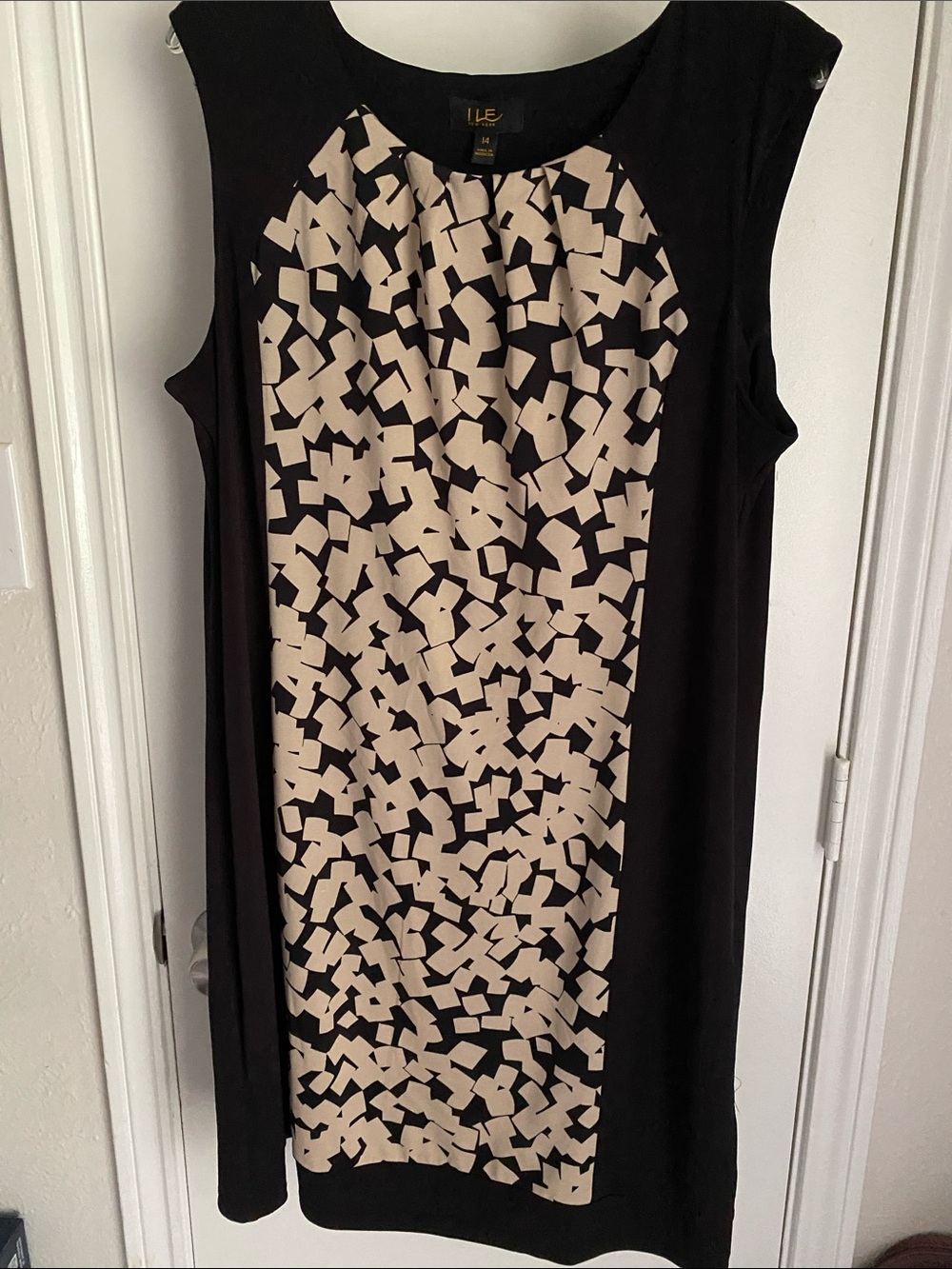 ILE Black Sleeveless Midi Dress with Beige Geo Panel